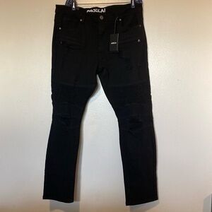 ABSECAI black distressed ribbed  high rise flare 7 pocket denim jeans size 38